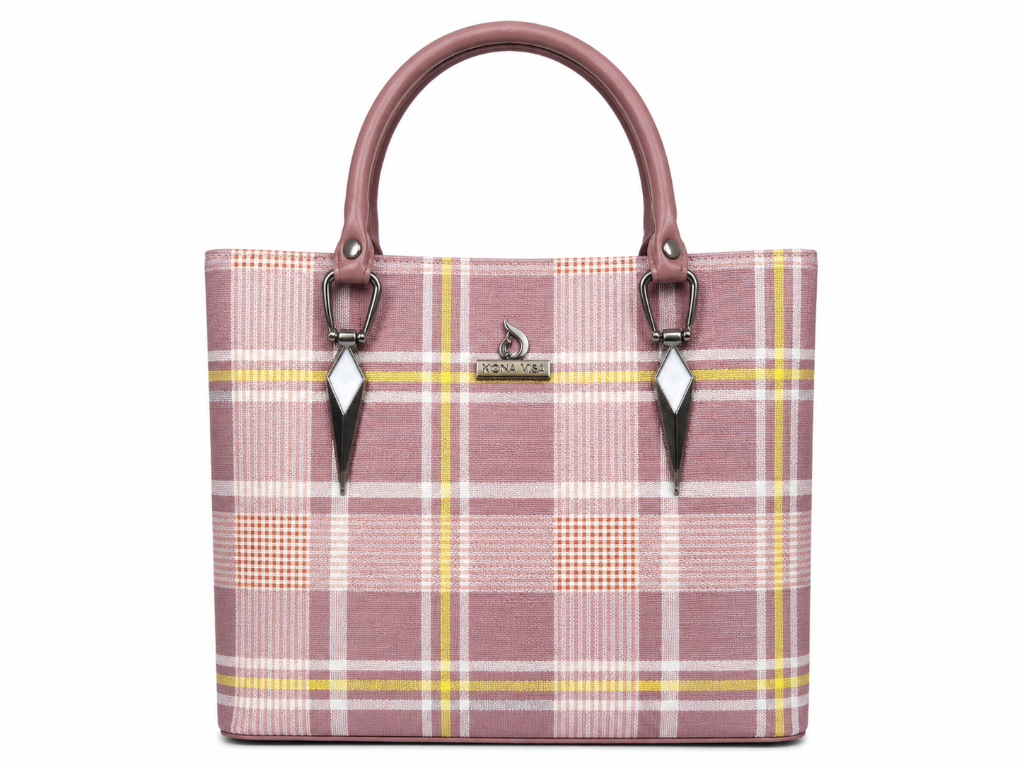 Plaid patterned handbag with pink handle on a white background