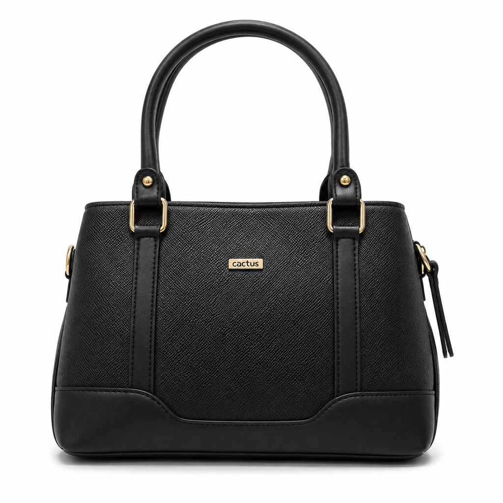 Black handbag with gold accents on a white background