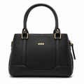 Black handbag with gold accents on a white background