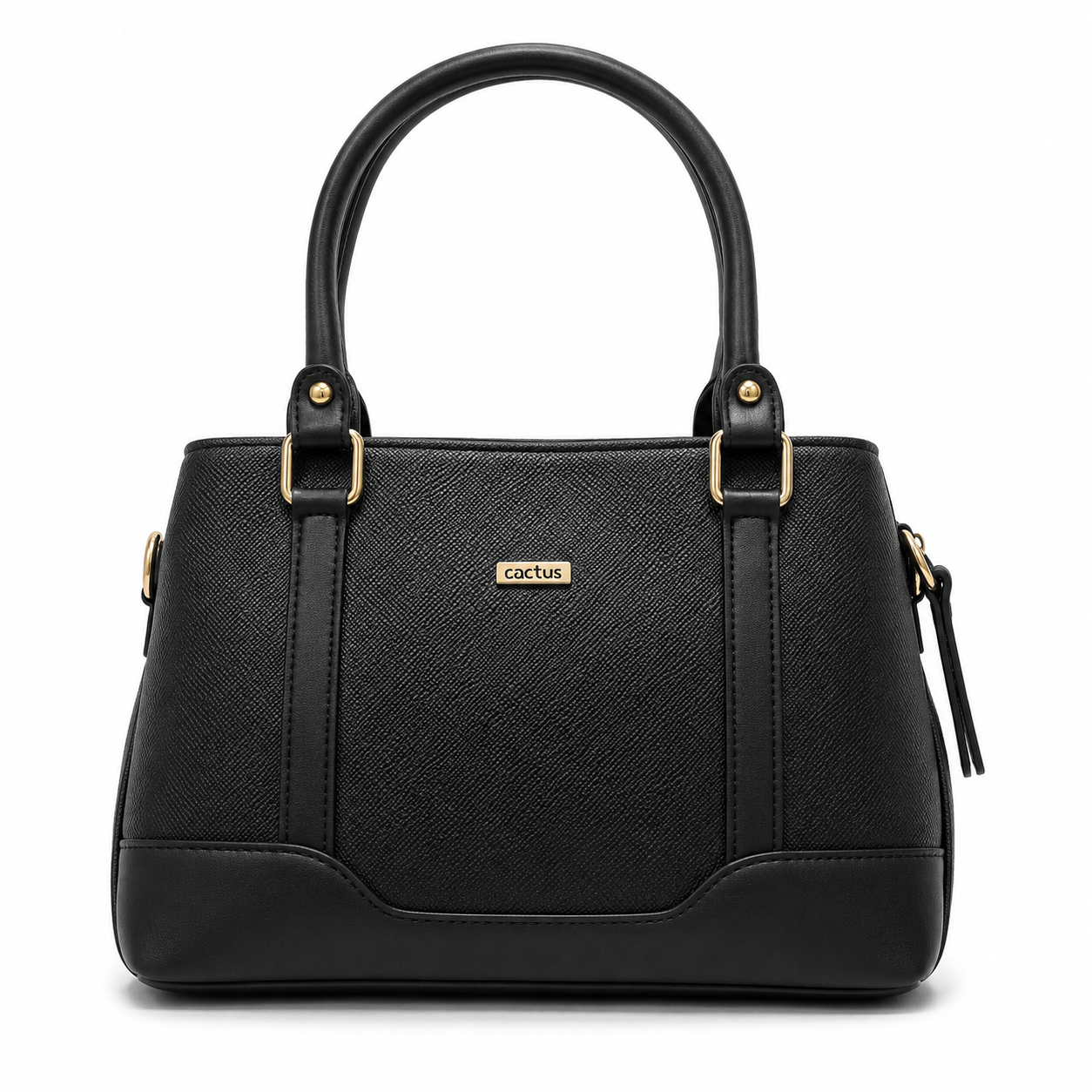 Black handbag with gold accents on a white background