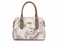 Handbag with floral pattern and gold accents on a white background