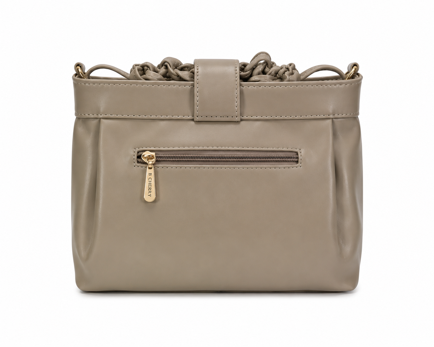 Beige handbag with gold zipper on a white background