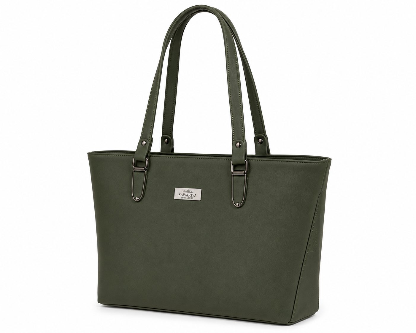 Green tote bag with a visible brand label on a white background