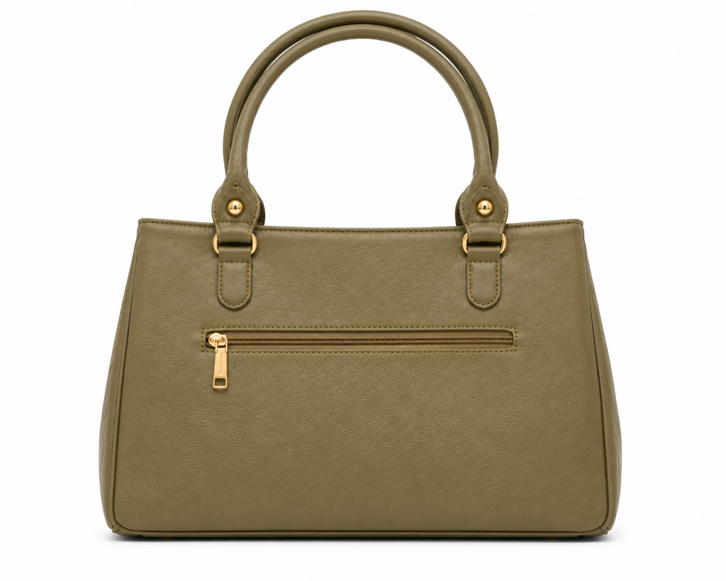 Green handbag with gold zippers and hardware on a white background