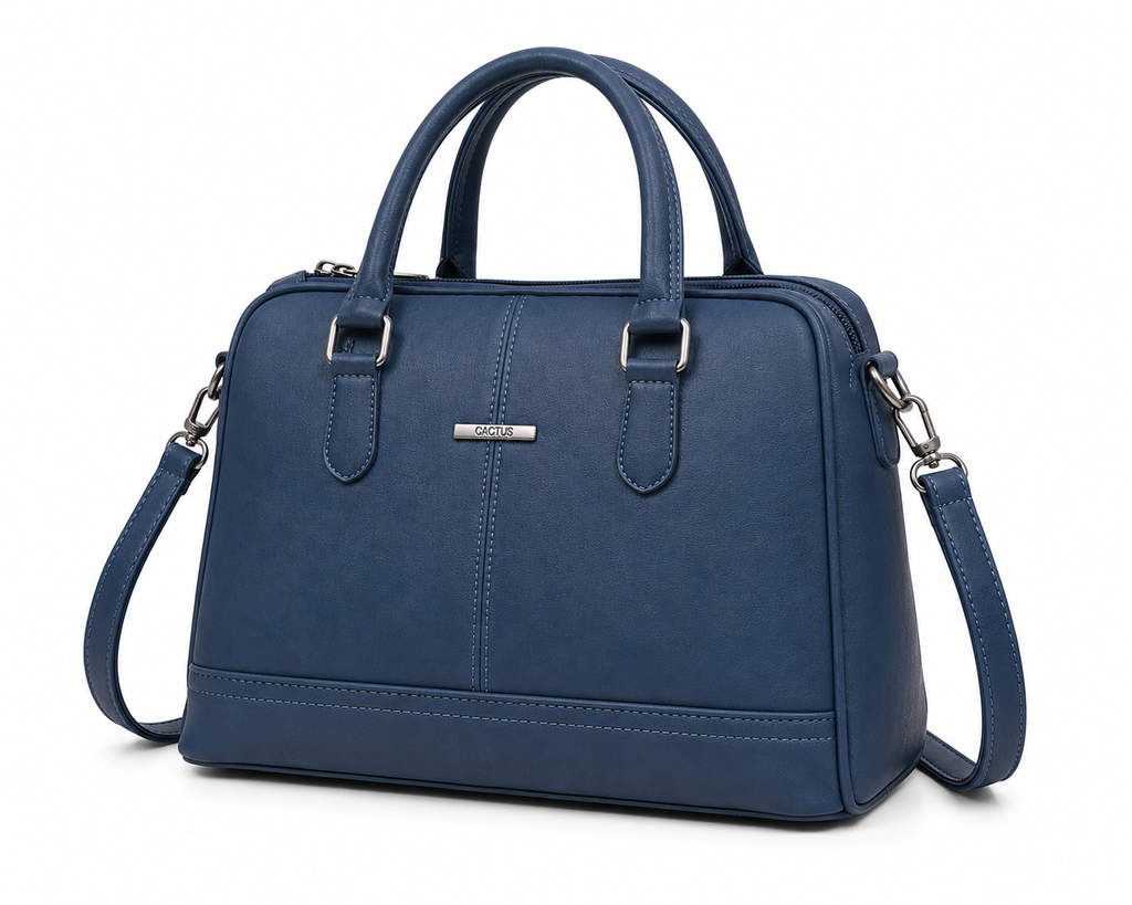 Blue handbag with a visible brand logo on a white background