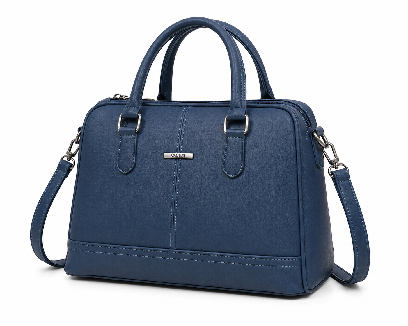 Blue handbag with a visible brand logo on a white background
