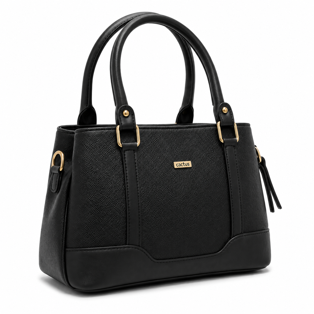 Black handbag with gold accents on a white background