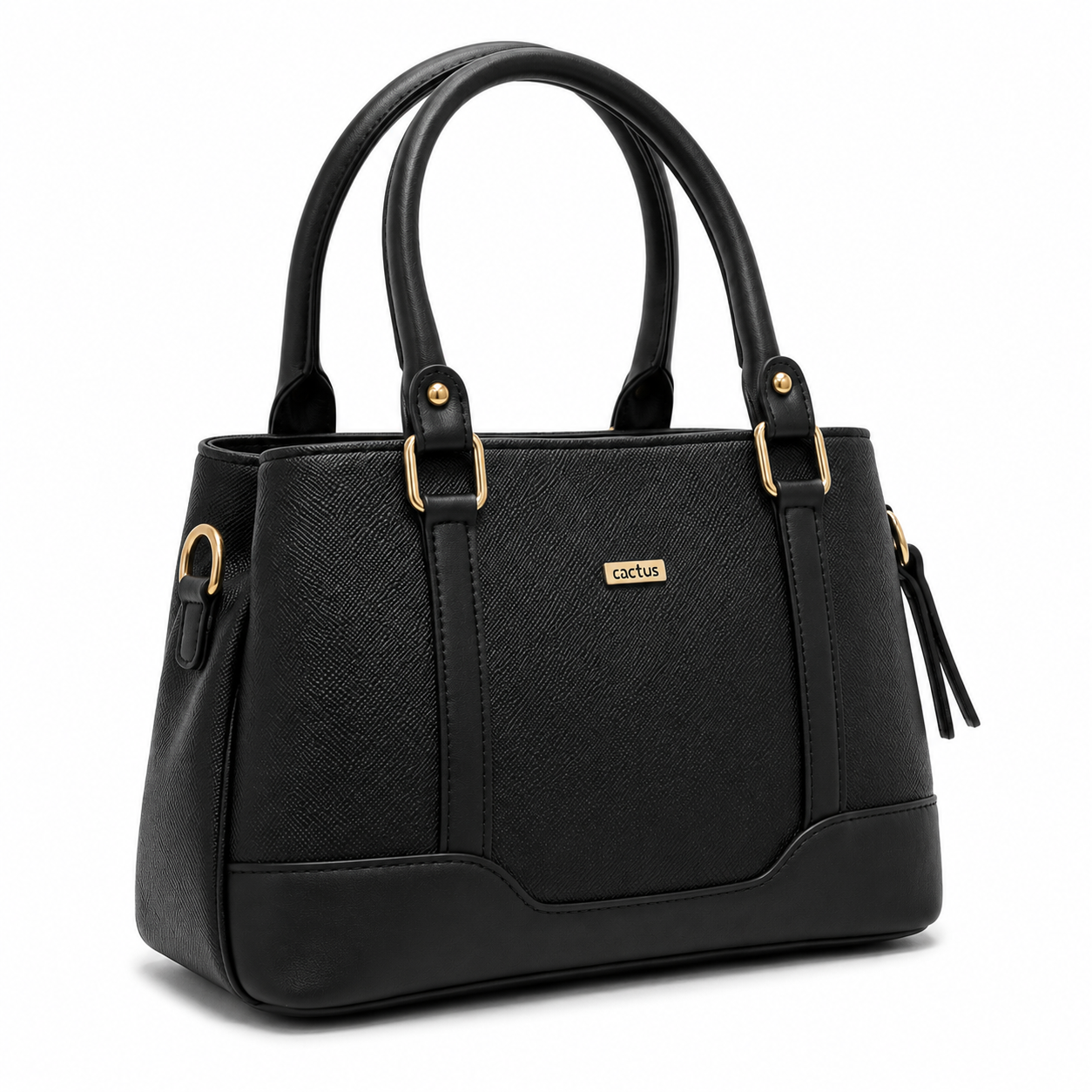 Black handbag with gold accents on a white background