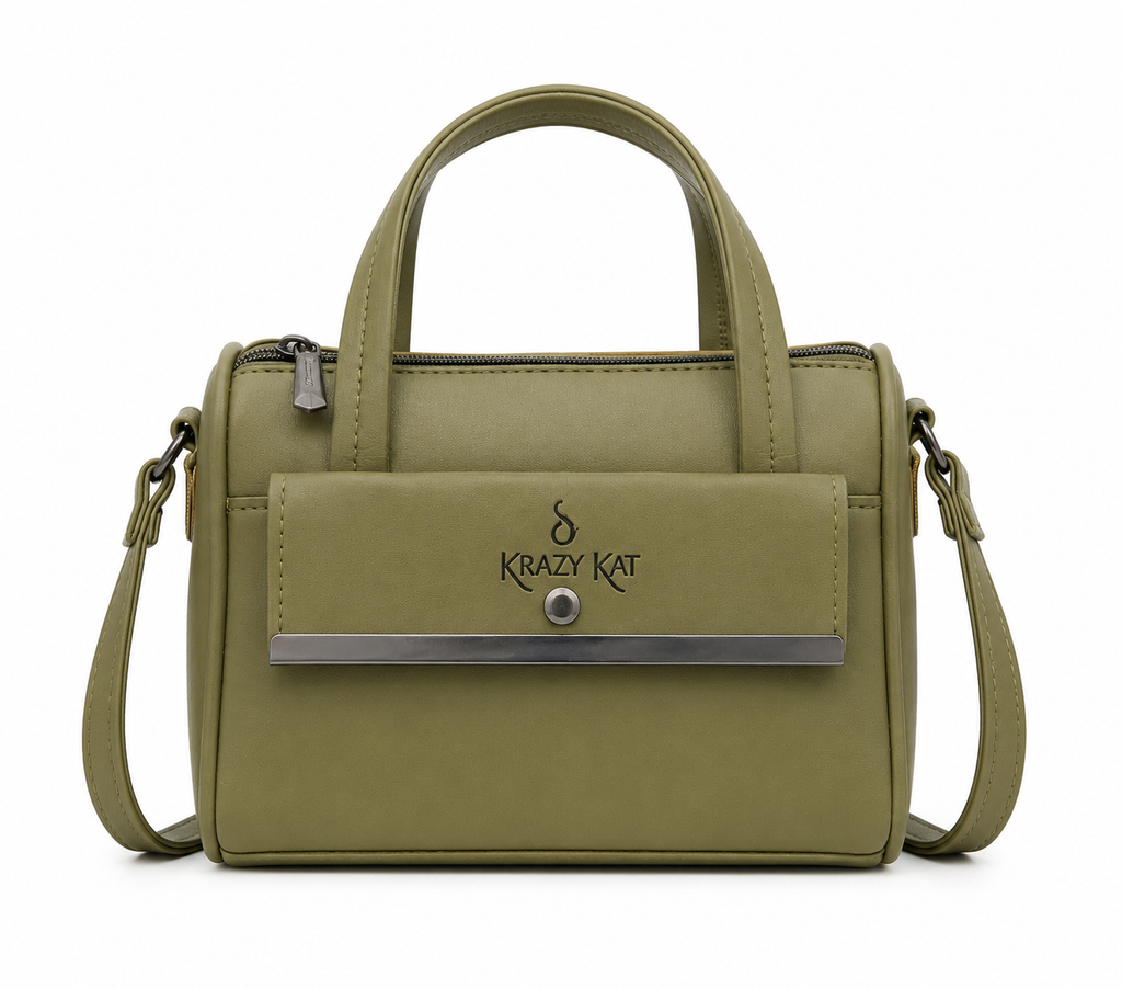 Green handbag with 'Krazy Kat' logo on a white background