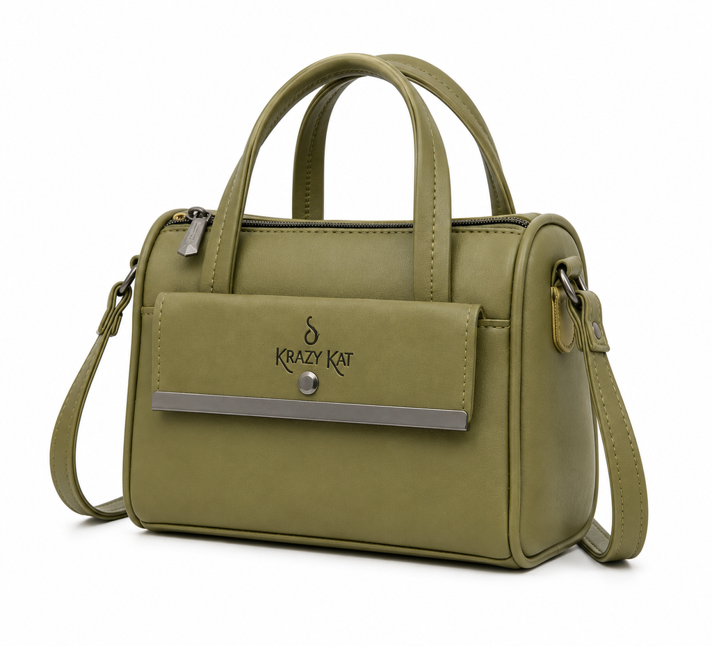 Green handbag with 'Krazy Kat' logo on a white background