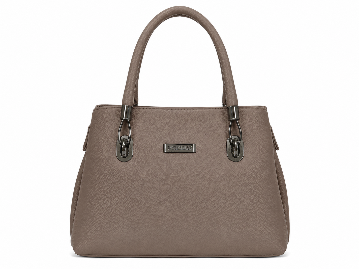 Brown handbag with a visible brand label on a white background