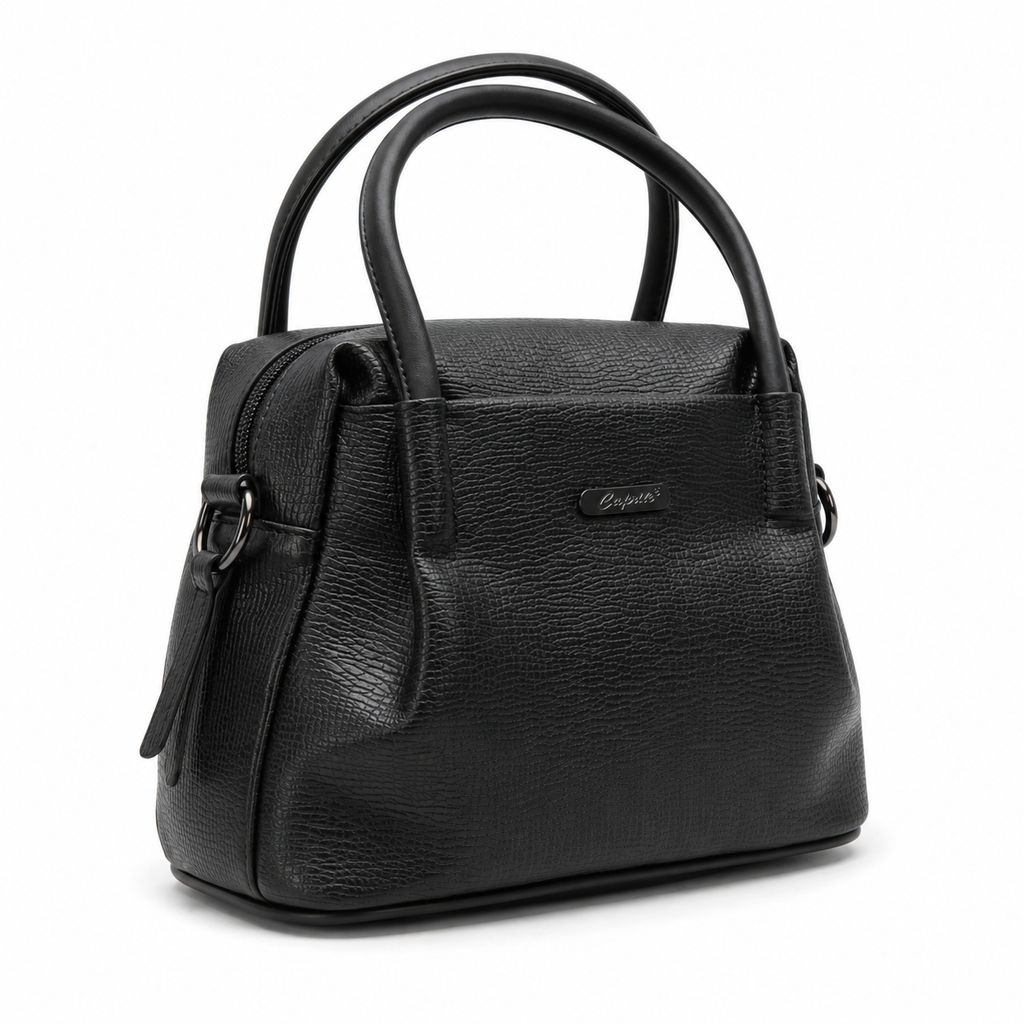 Black handbag with a visible brand logo on a white background