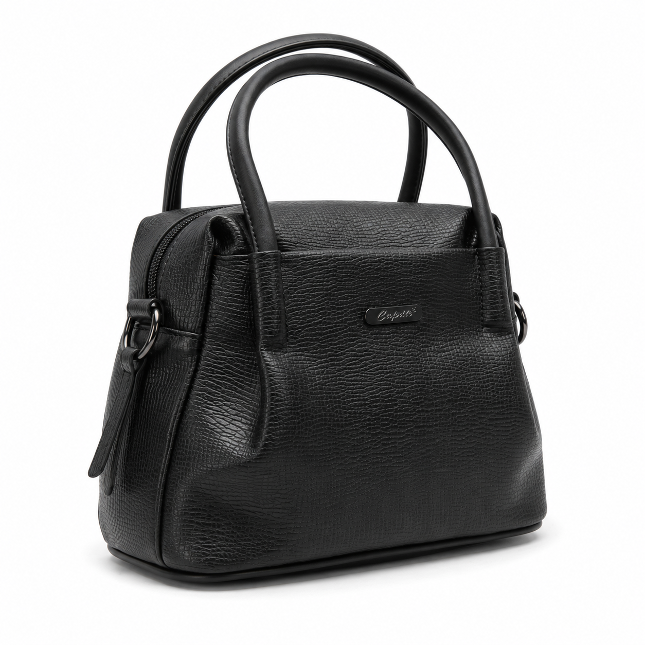 Black handbag with a visible brand logo on a white background
