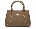 Brown quilted handbag with gold accents on a white background