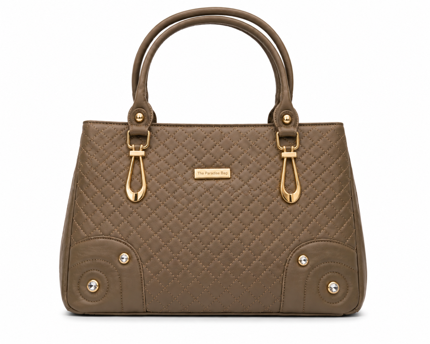 Brown quilted handbag with gold accents on a white background