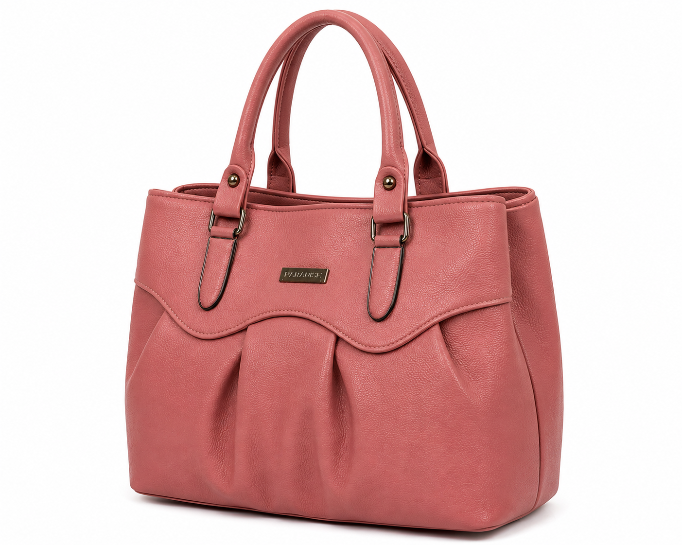 Pink handbag with a visible brand label on a white background