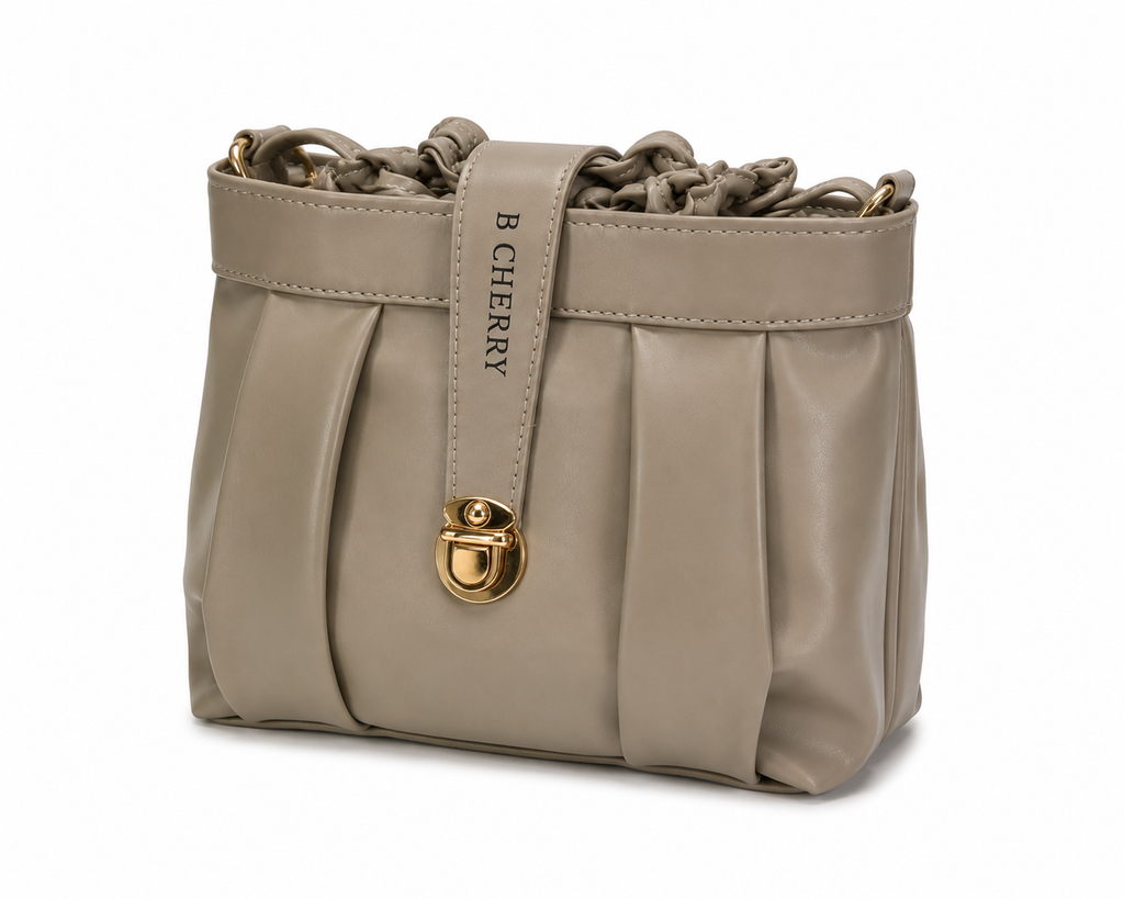 Beige handbag with gold clasp and 'Bircherry' branding on a white background