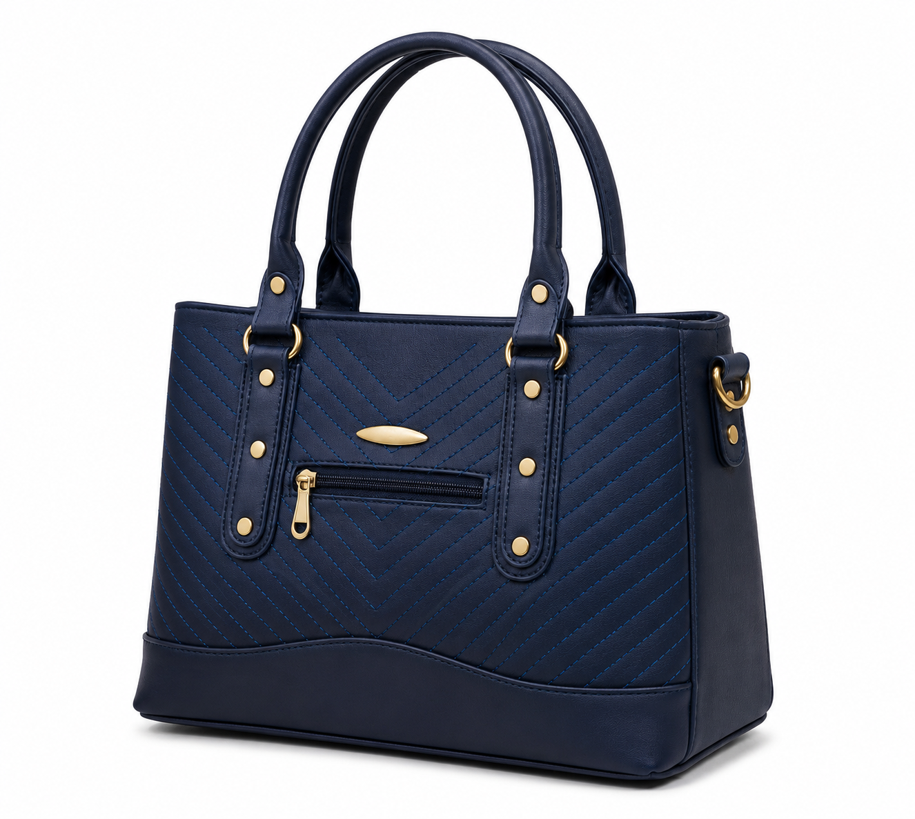 Navy blue handbag with gold accents on a white background
