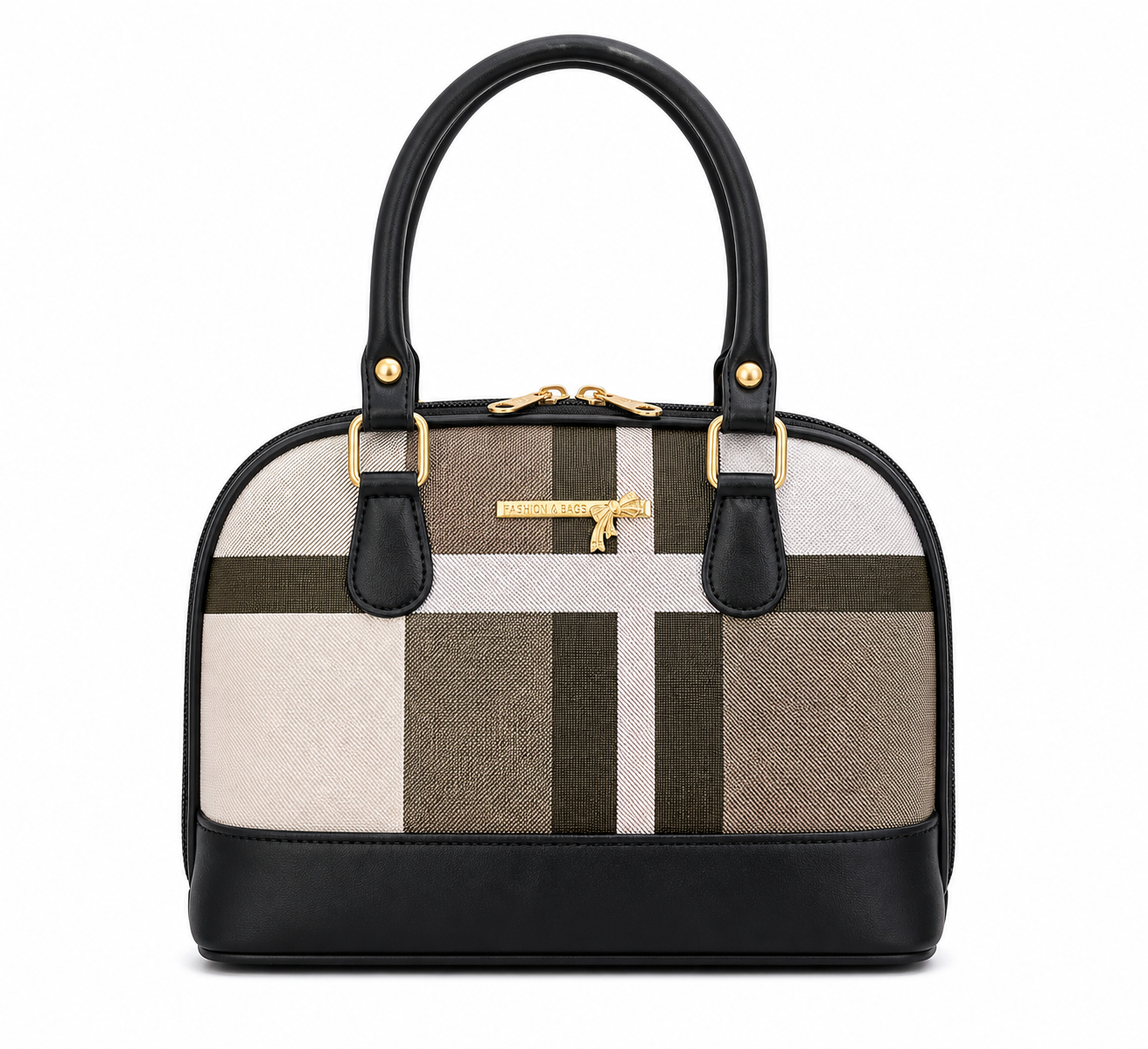 Designer handbag with checkered pattern and gold accents on a white background