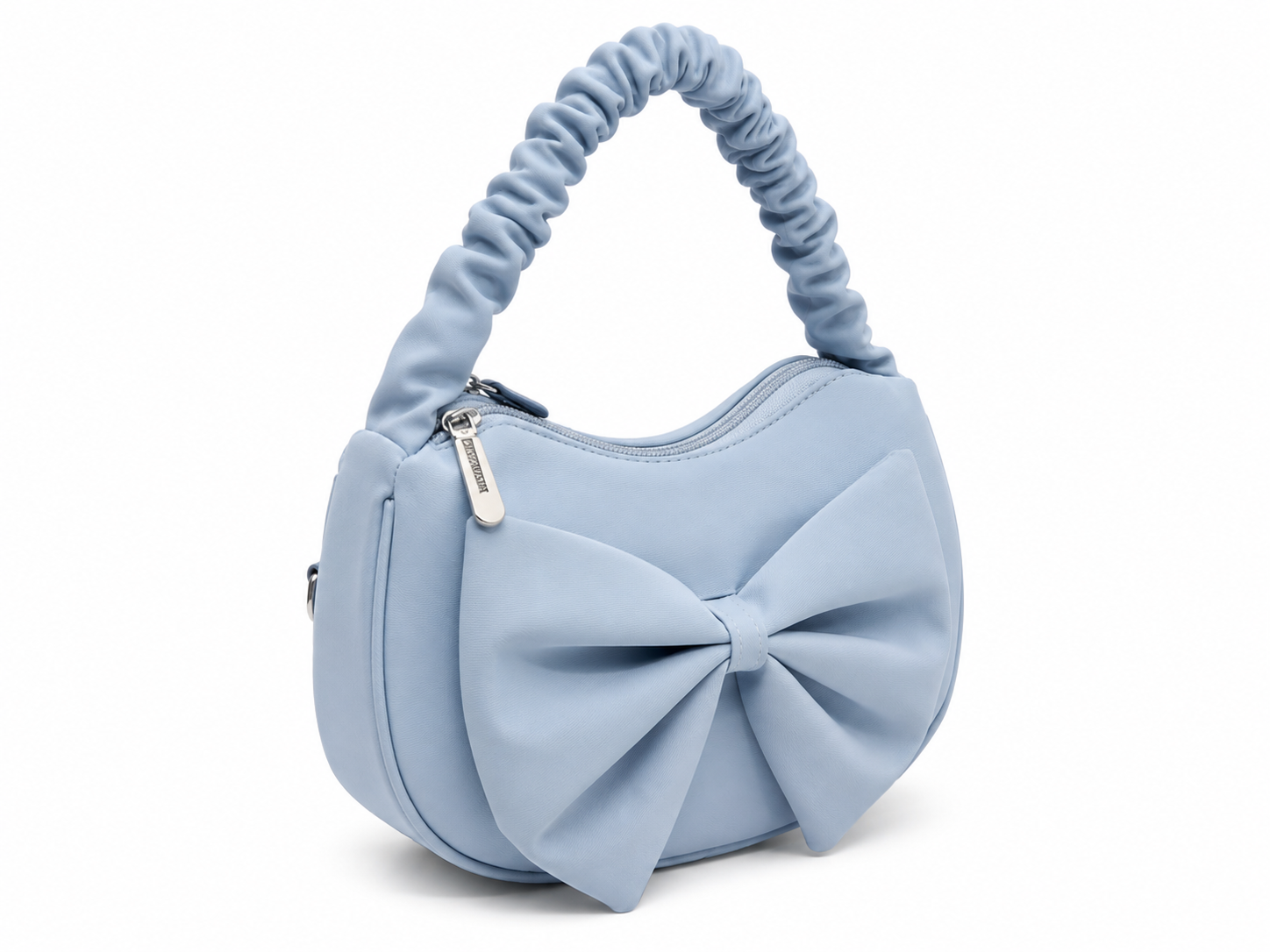 Light blue handbag with a large bow on a white background