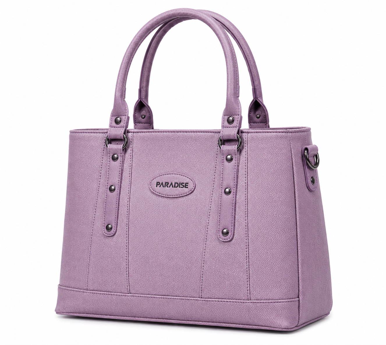 Purple handbag with 'Paradise' branding on a white background