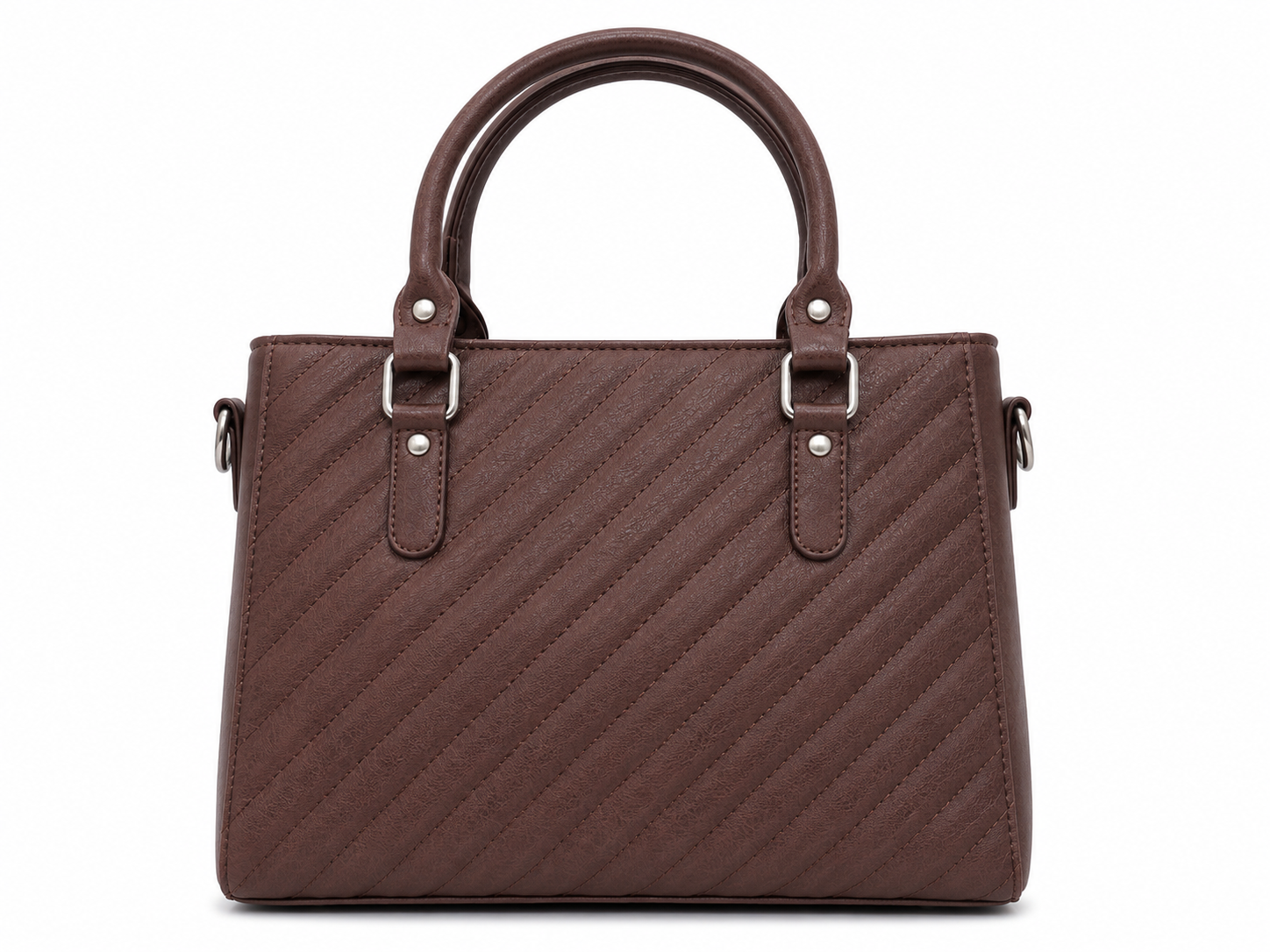 Brown handbag with a textured pattern on a white background