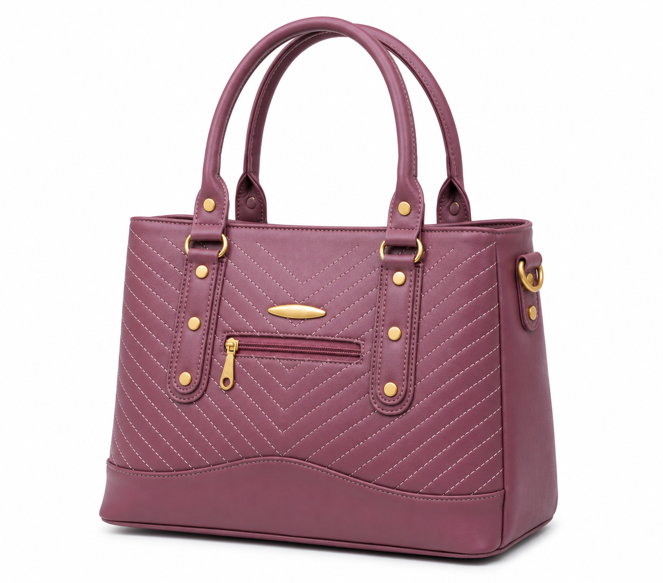 Purple handbag with gold accents on a white background