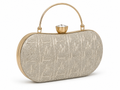 Silver clutch bag with gold handle on a white background