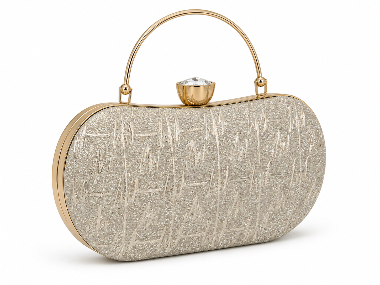 Silver clutch bag with gold handle on a white background