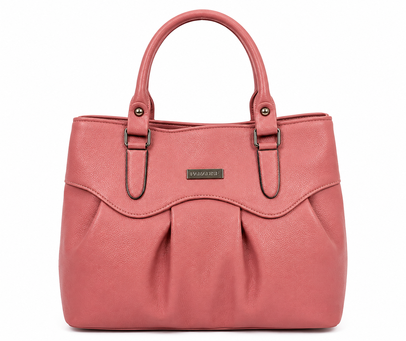 Pink handbag with a visible brand logo on a white background