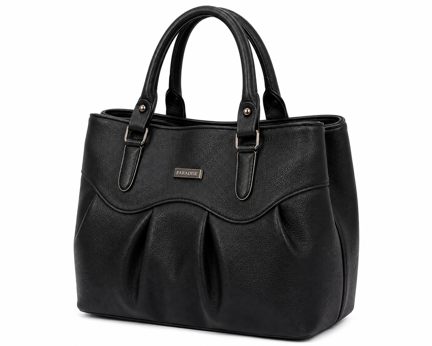 Black handbag with a visible brand label on a white background