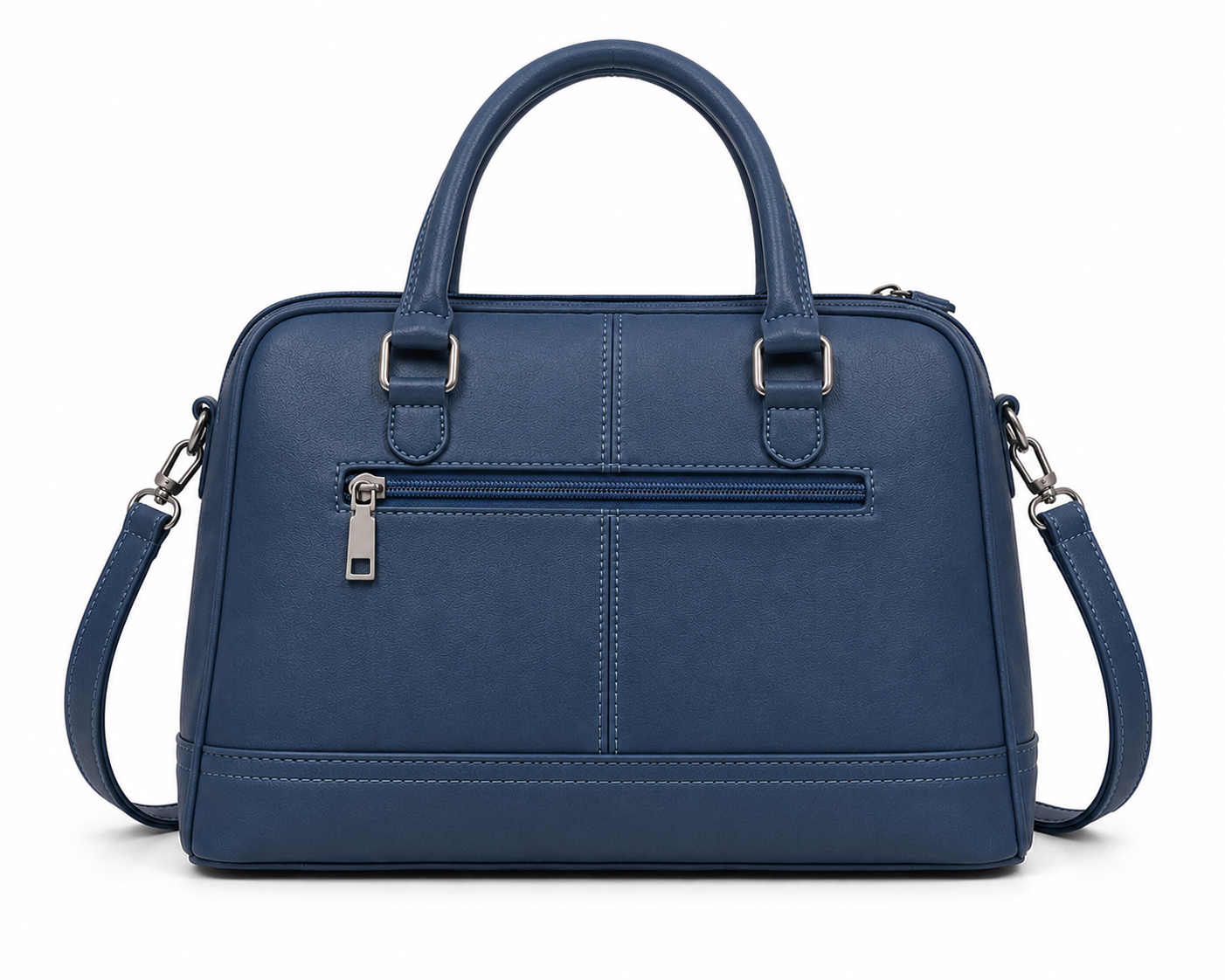 Blue handbag with multiple zippers on a white background