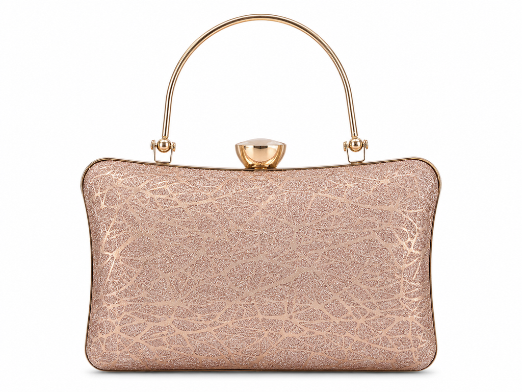 Gold clutch bag with intricate design on a white background