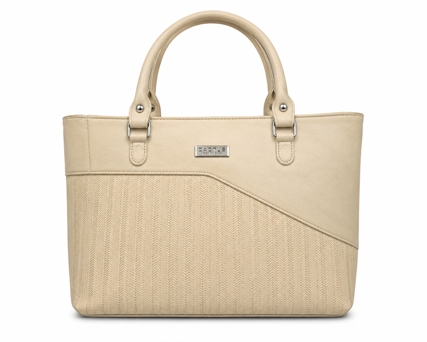 Beige handbag with woven texture on a white background