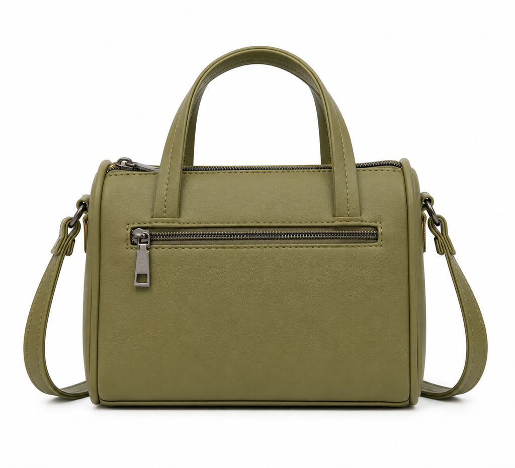 Green handbag with a shoulder strap on a white background