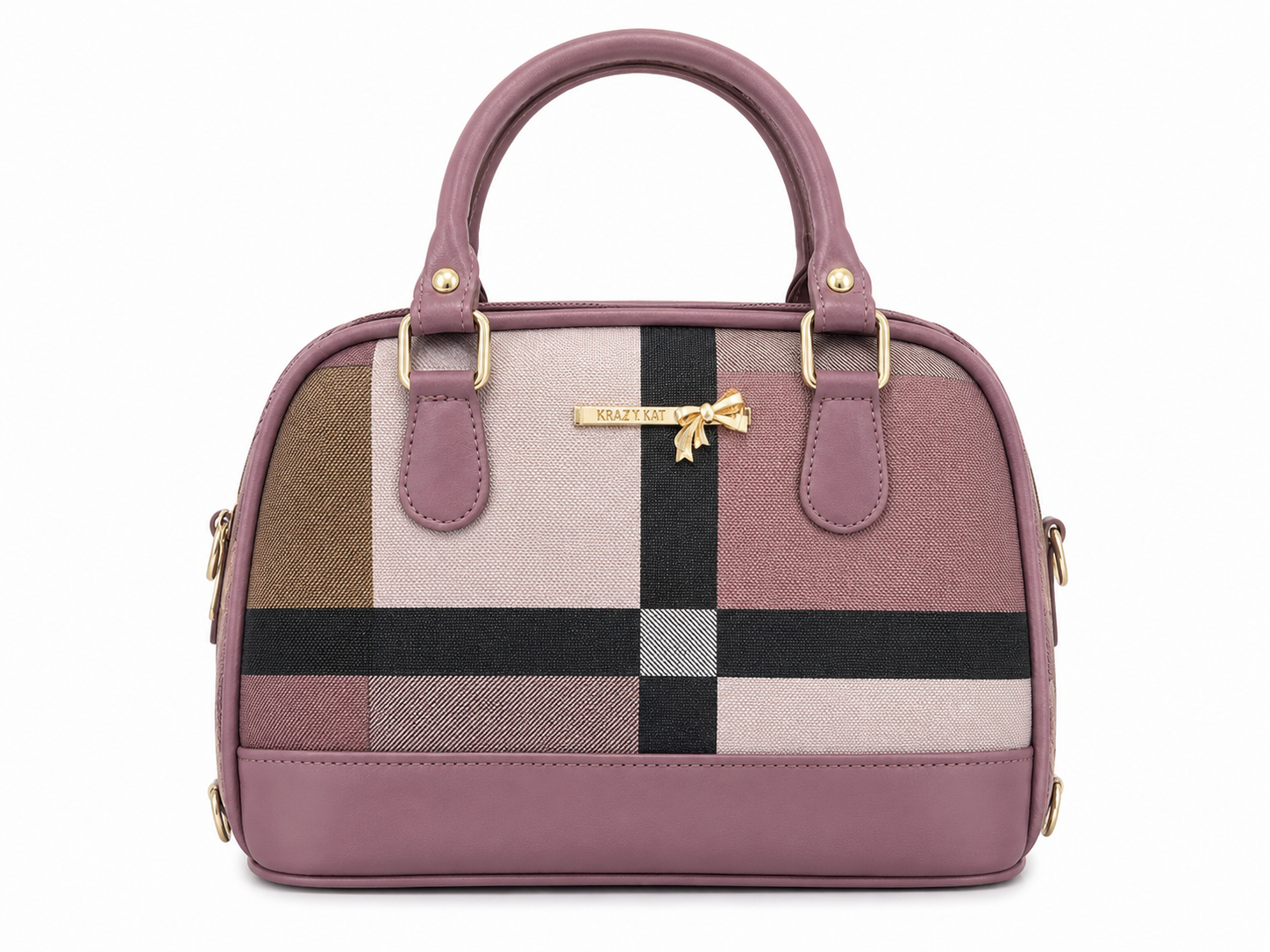 Patchwork handbag with a checkered pattern on a white background