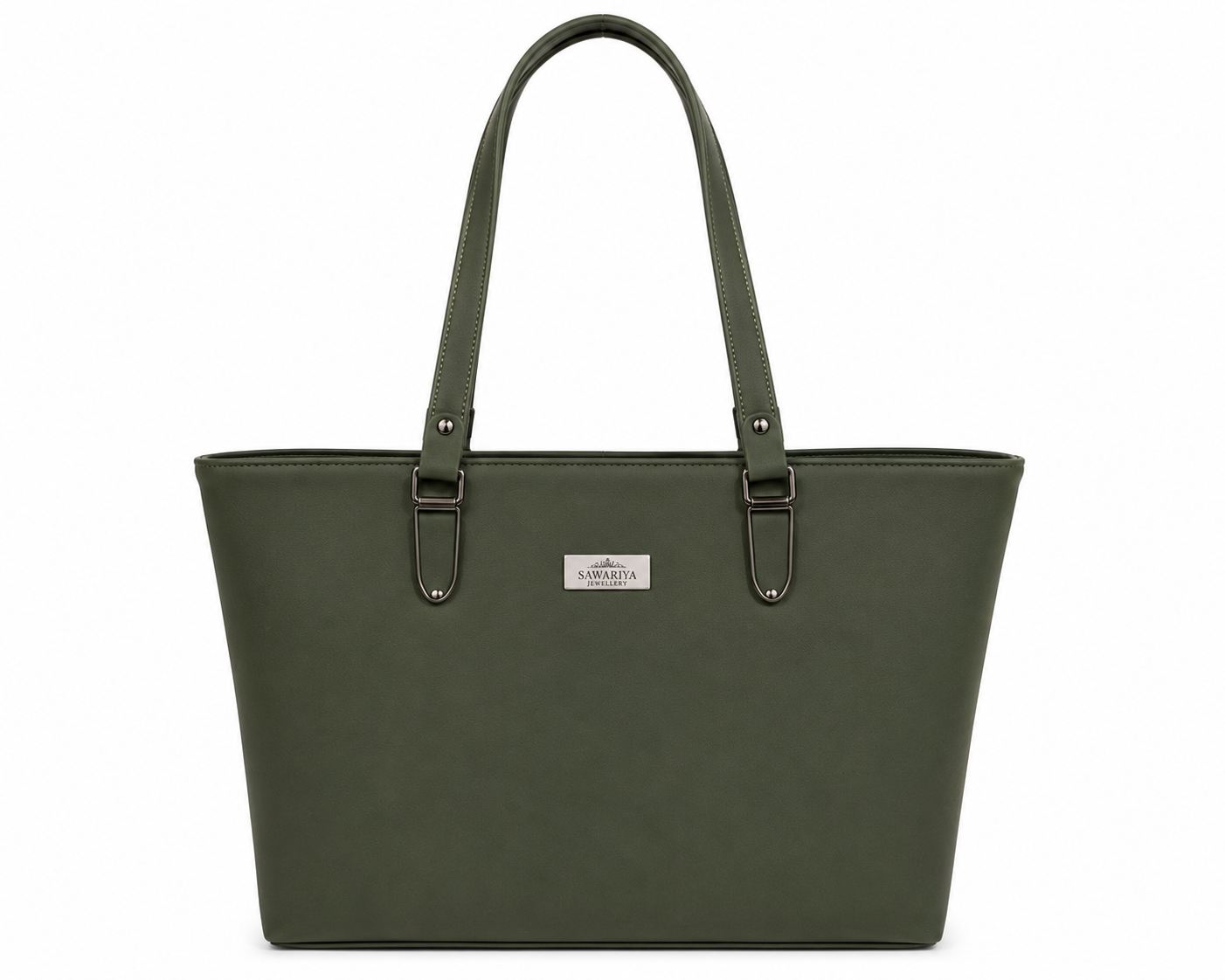 Green tote bag with a visible brand label on a white background