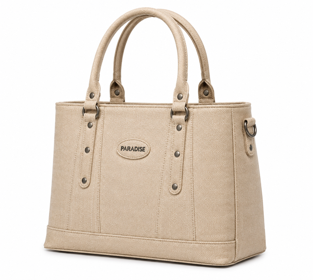 Beige handbag with 'Paradise' branding on a white background