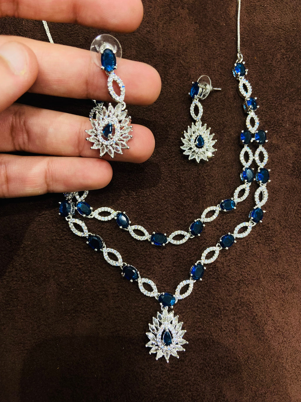 Royal Blue American Diamond Pendant Necklace Set for Women - NS16