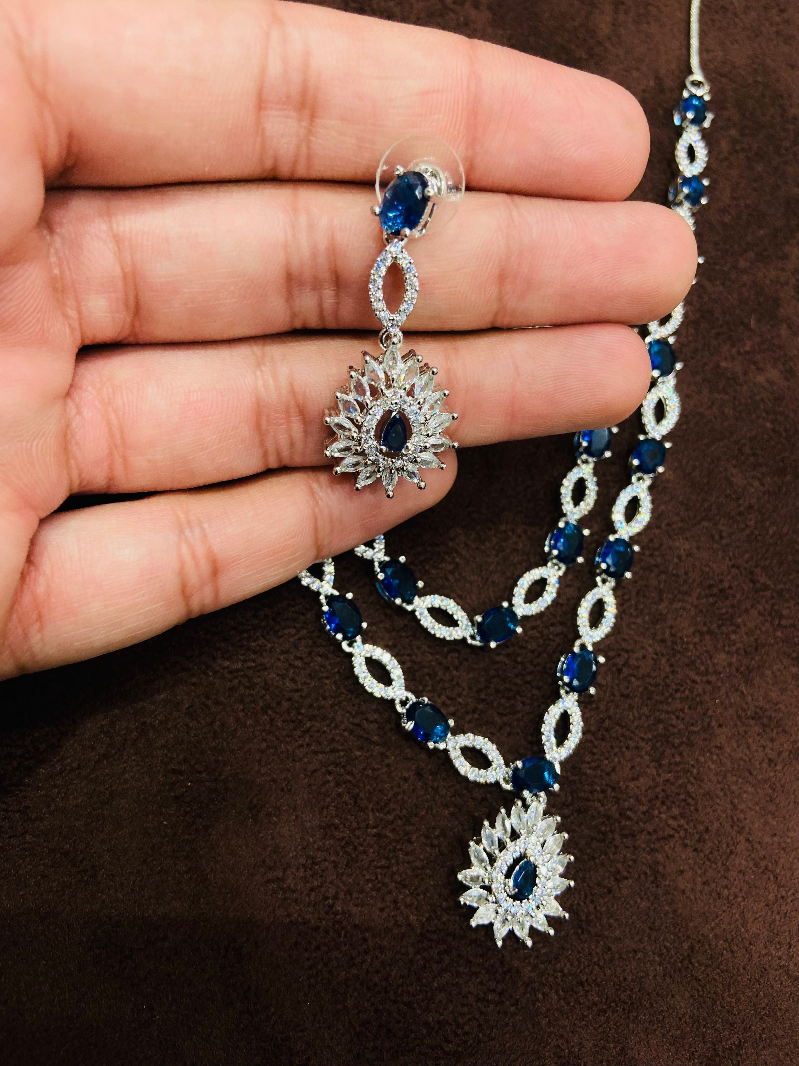 Royal Blue American Diamond Pendant Necklace Set for Women - NS16