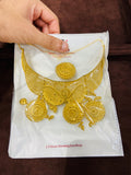Gold necklace in clear packaging held by a hand on a brown background