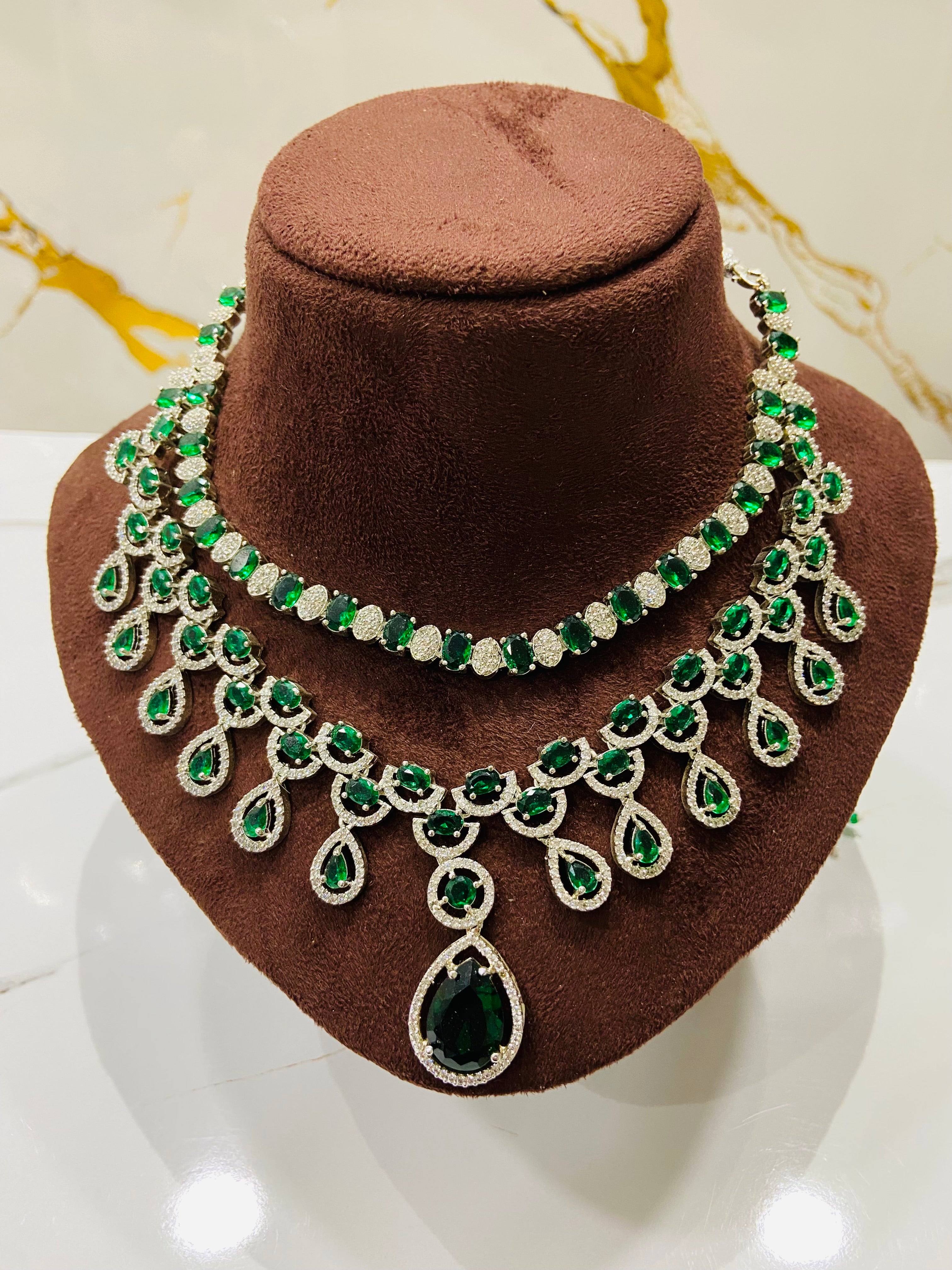 Emerald Green American Diamond Necklace Set - NS14