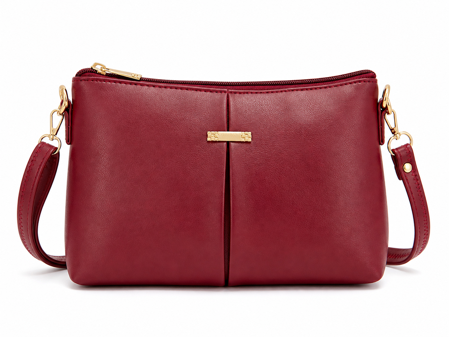 Red handbag with gold accents on a white background