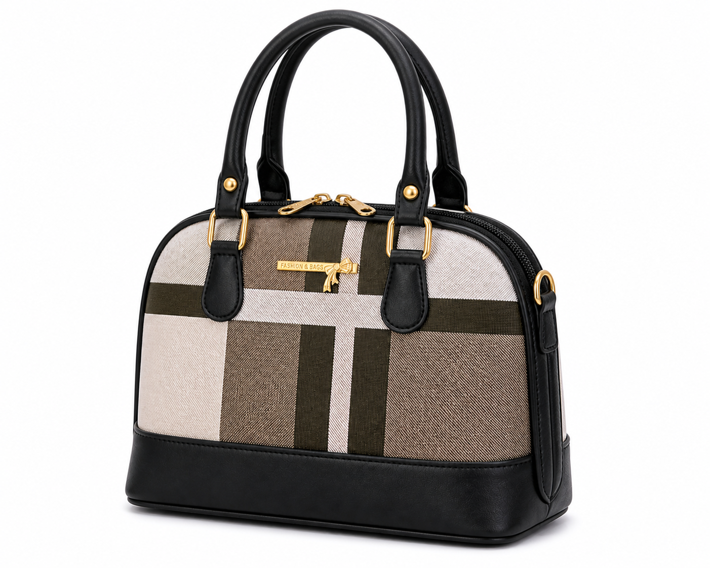 Designer handbag with checkered pattern and gold accents on a white background