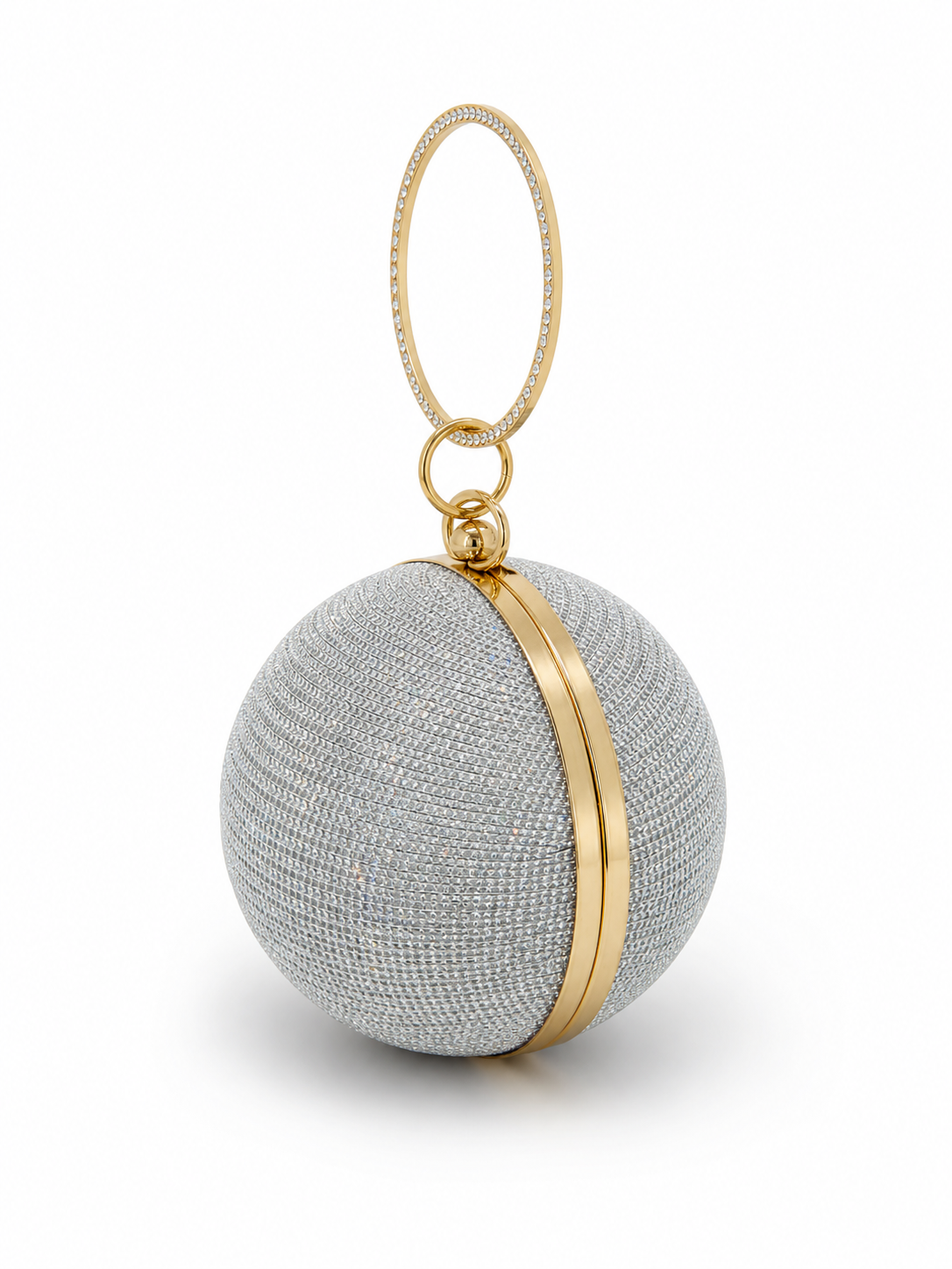 Elegant spherical clutch with gold accents on a white background