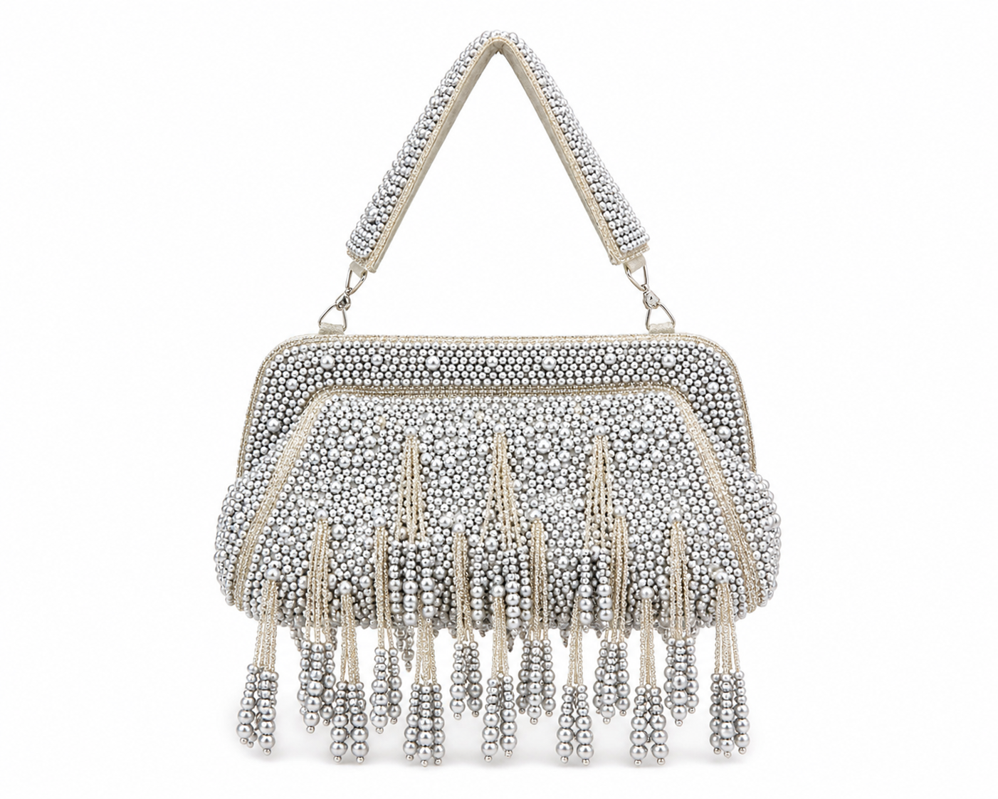 Silver beaded handbag with fringe on a white background